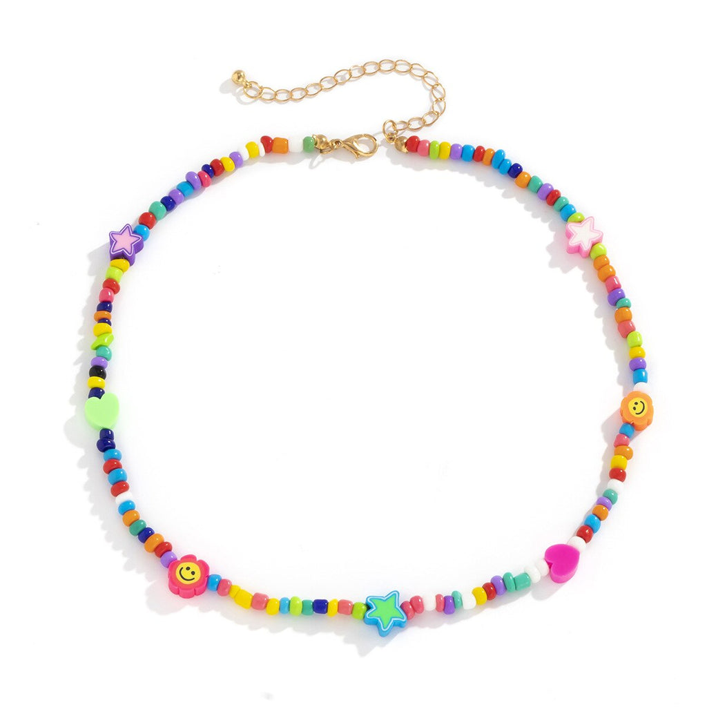 Bohemia Style Smiling Face Bead Necklace Colorful Rice Bead Aesthetic Necklace for Women  Girl Gift Jewelry