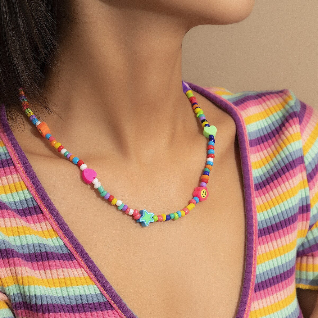 Bohemia Style Smiling Face Bead Necklace Colorful Rice Bead Aesthetic Necklace for Women  Girl Gift Jewelry