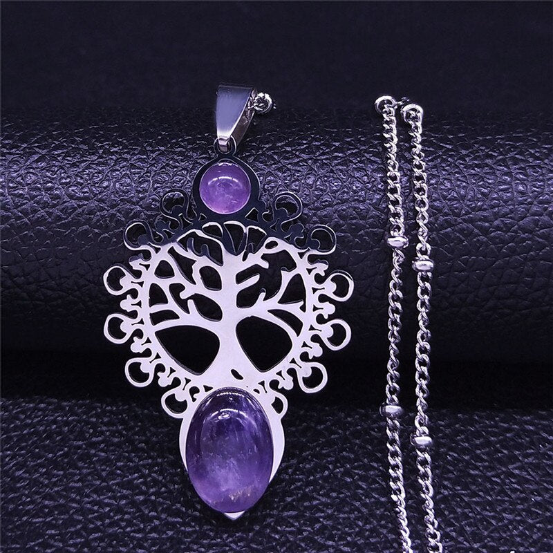 Bohemia Tree of Life Stainless Steel Purple Crystal Necklace Wmen Silver Color Necklace Charm Vacation bijuteria N4334S04