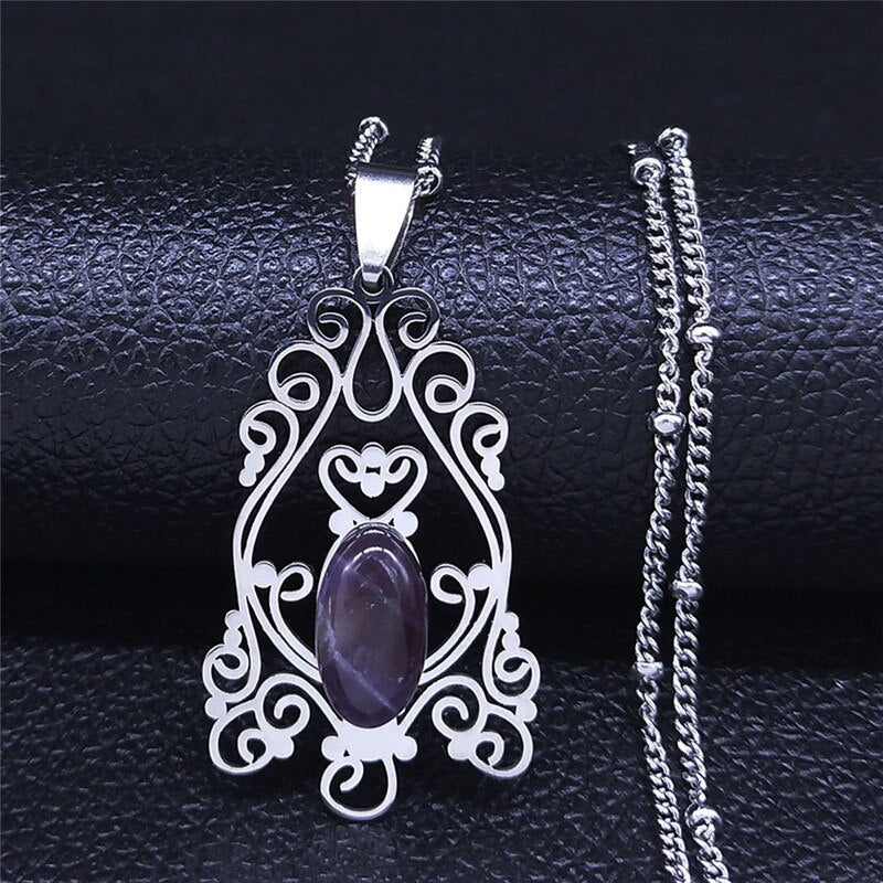Bohemia Tree of Life Stainless Steel Purple Crystal Necklace Wmen Silver Color Necklace Charm Vacation bijuteria N4334S04