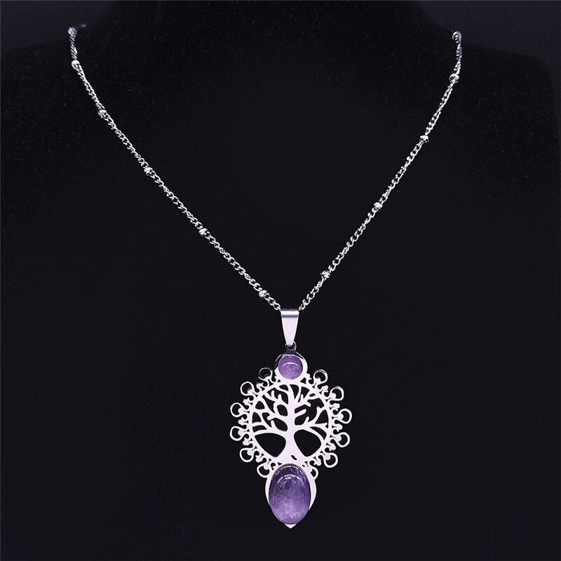 Bohemia Tree of Life Stainless Steel Purple Crystal Necklace Wmen Silver Color Necklace Charm Vacation bijuteria N4334S04