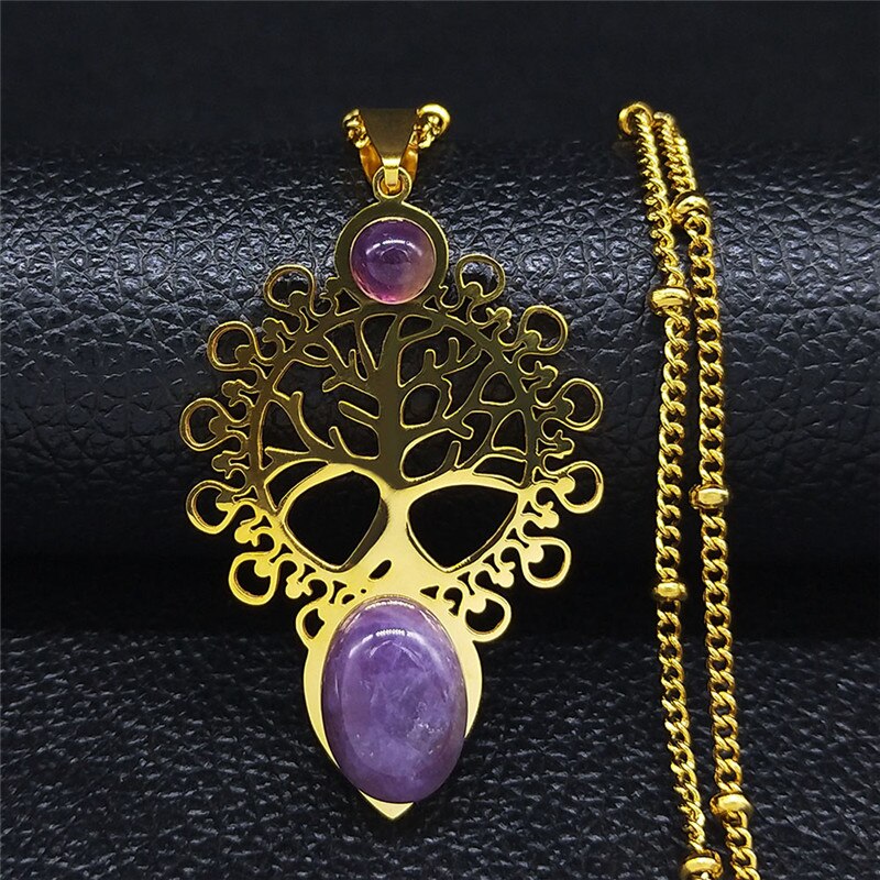 Bohemia Tree of Life Stainless Steel Purple Crystal Necklace Wmen Silver Color Necklace Charm Vacation bijuteria N4334S04