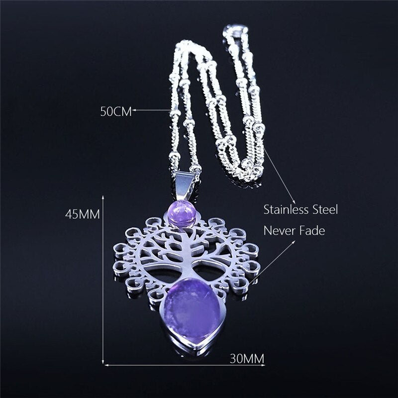 Bohemia Tree of Life Stainless Steel Purple Crystal Necklace Wmen Silver Color Necklace Charm Vacation bijuteria N4334S04