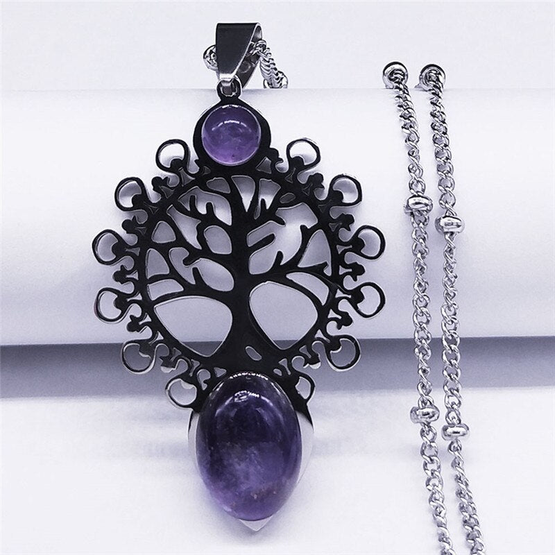 Bohemia Tree of Life Stainless Steel Purple Crystal Necklace Wmen Silver Color Necklace Charm Vacation bijuteria N4334S04