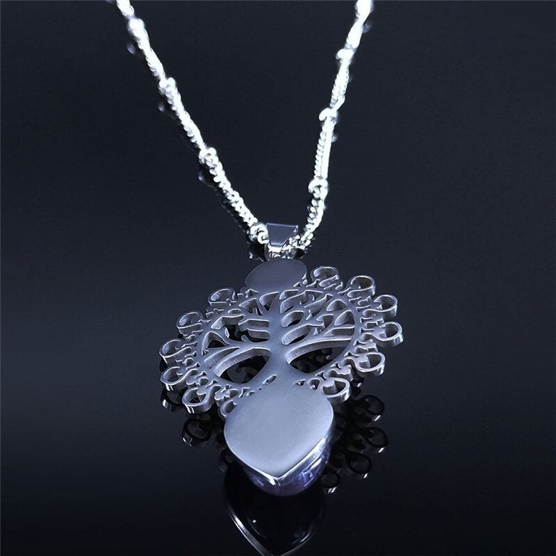 Bohemia Tree of Life Stainless Steel Purple Crystal Necklace Wmen Silver Color Necklace Charm Vacation bijuteria N4334S04