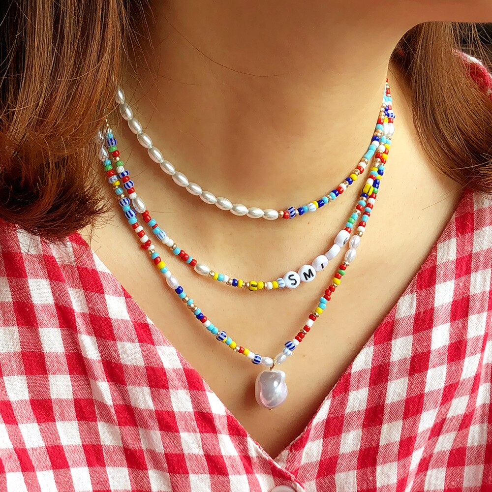 Bohemia Trendy Handmade Pearl Rainbow Beads Choker For Women Summer String Beaded Short Necklace Shell Neck Jewelry Gift