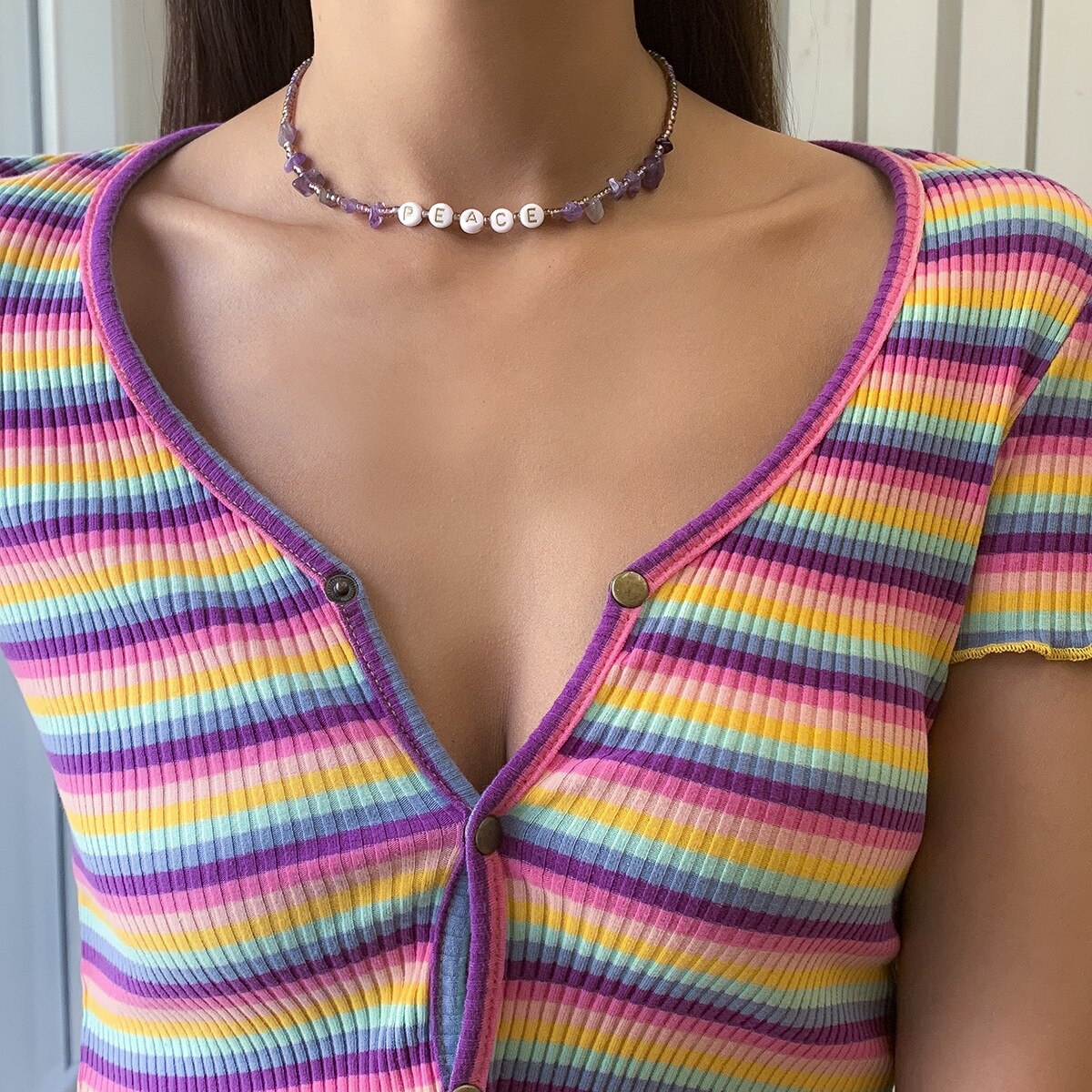 Bohemian Acrylic Irregular Crystal Beaded Purple Rice bead Handmade Letter Peace Necklace for Women Girls Jewelry Accessories