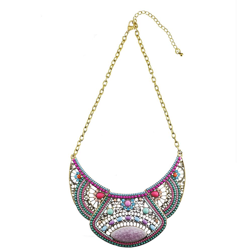 Bohemian Alloy Colorful Necklace Retro Personality Exaggerated Sweater Chain Wild Half Crescent Pendant.