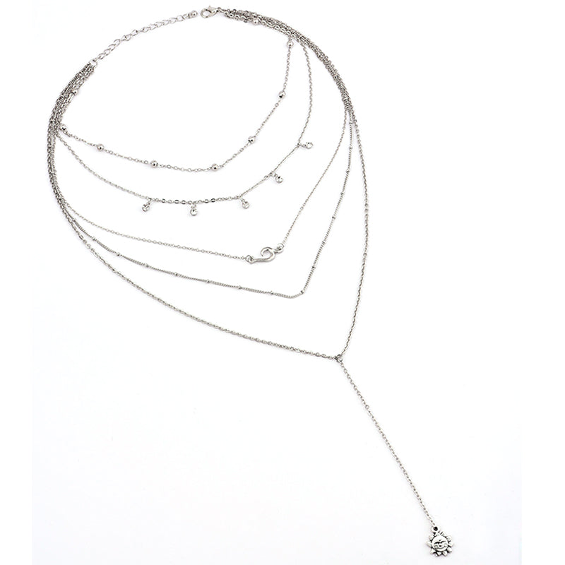 Bohemian Beach Multi Layer Beads Sun Necklace Women's Fashion Pendant Silver Crystal Necklace Set