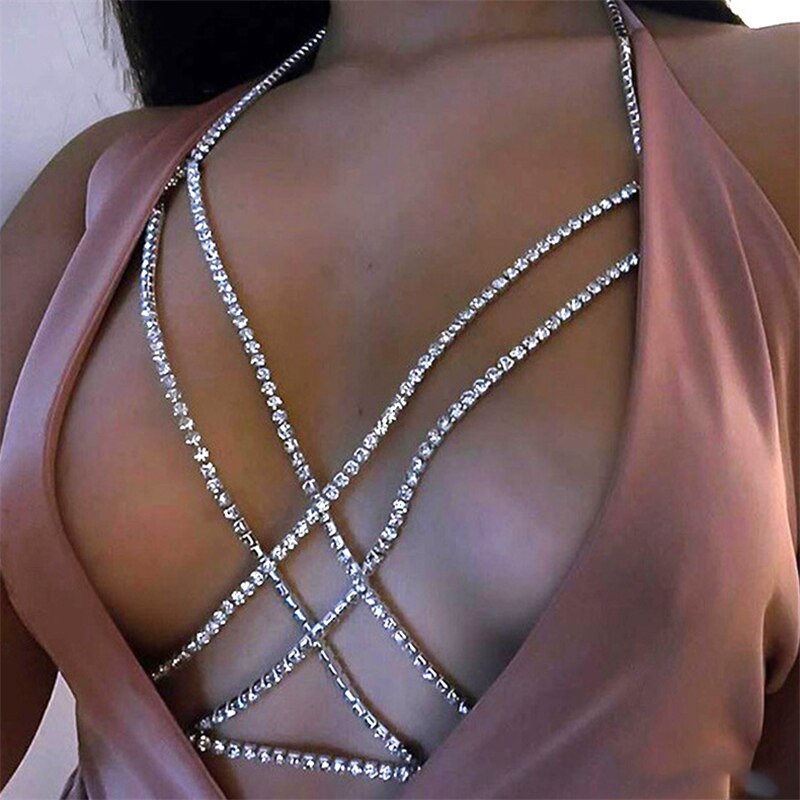 Bohemian Beach Sexy Chest Chain for Women Full Rhinestone Cross Chest Chain Shining Crystal Bra Body Necklace Choker Jewelry