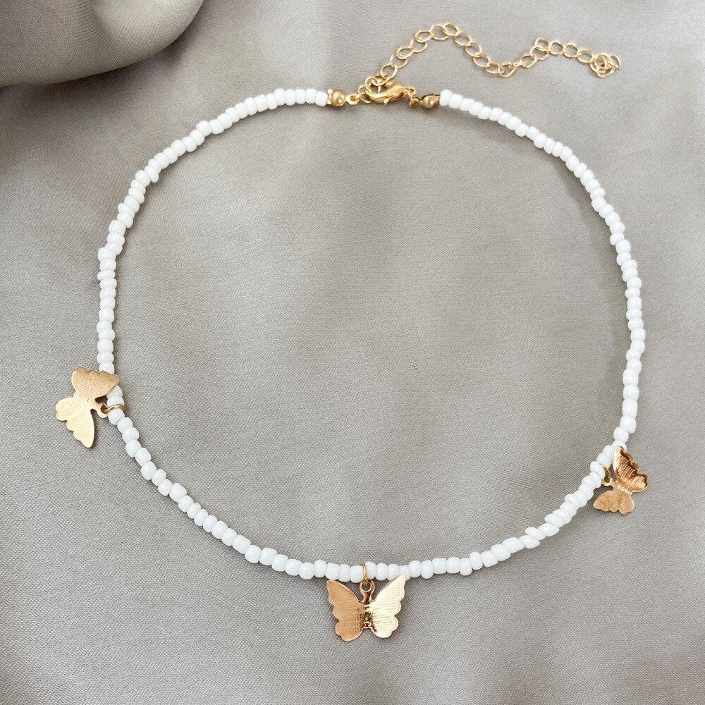 Bohemian Butterfly Choker Necklace For Women Gold Color Black White Resin Bead Necklace Boho Beach Jewelry Party Gift Collares