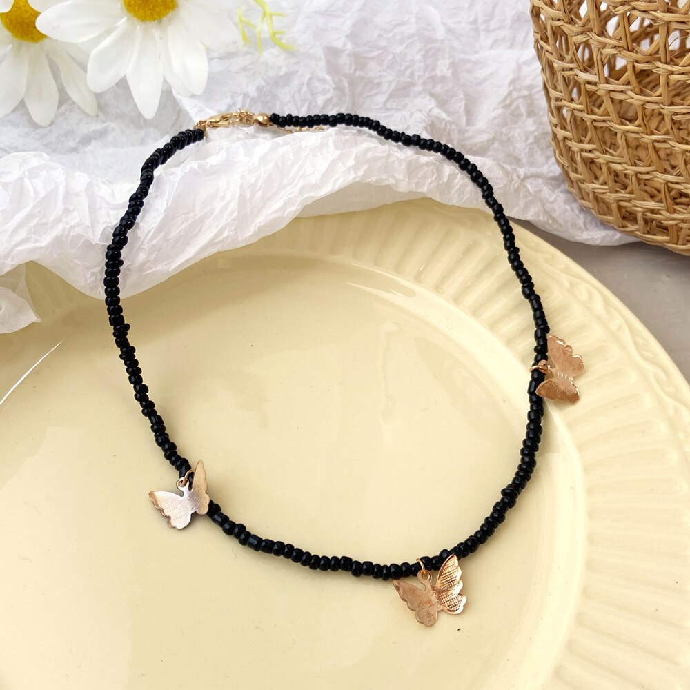 Bohemian Butterfly Choker Necklace For Women Gold Color Black White Resin Bead Necklace Boho Beach Jewelry Party Gift Collares