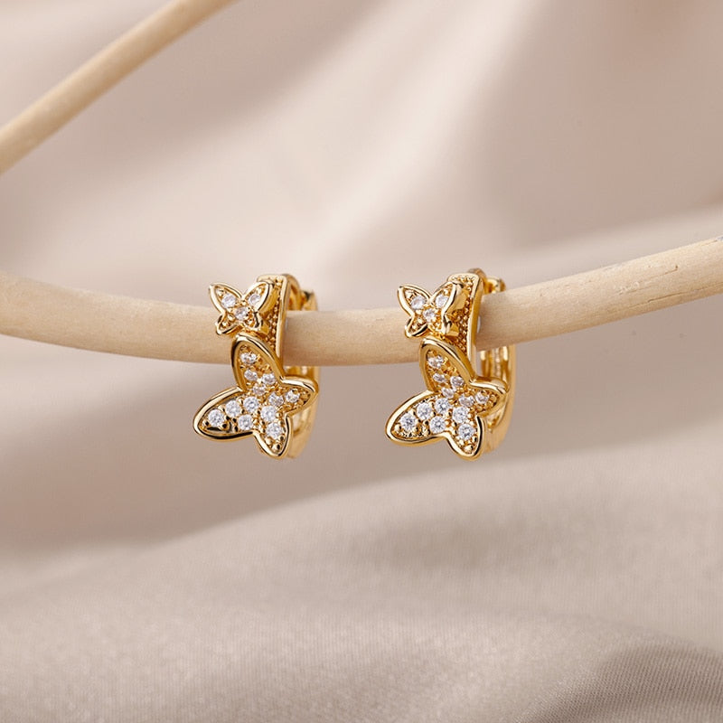 Bohemian Butterfly Hoop Earrings for Women Stainless Steel Gold Color Zircon Earrings 2023 Trend Jewelry pendientes mujer