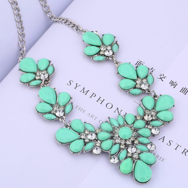 Bohemian CZ Crystal Statement Necklace Collar Blue Yellow Colorful Rhinestone Flower Bead Pendant Choker Necklace for Women