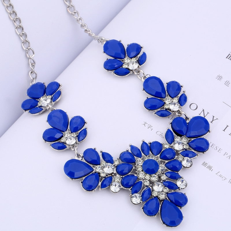 Bohemian CZ Crystal Statement Necklace Collar Blue Yellow Colorful Rhinestone Flower Bead Pendant Choker Necklace for Women