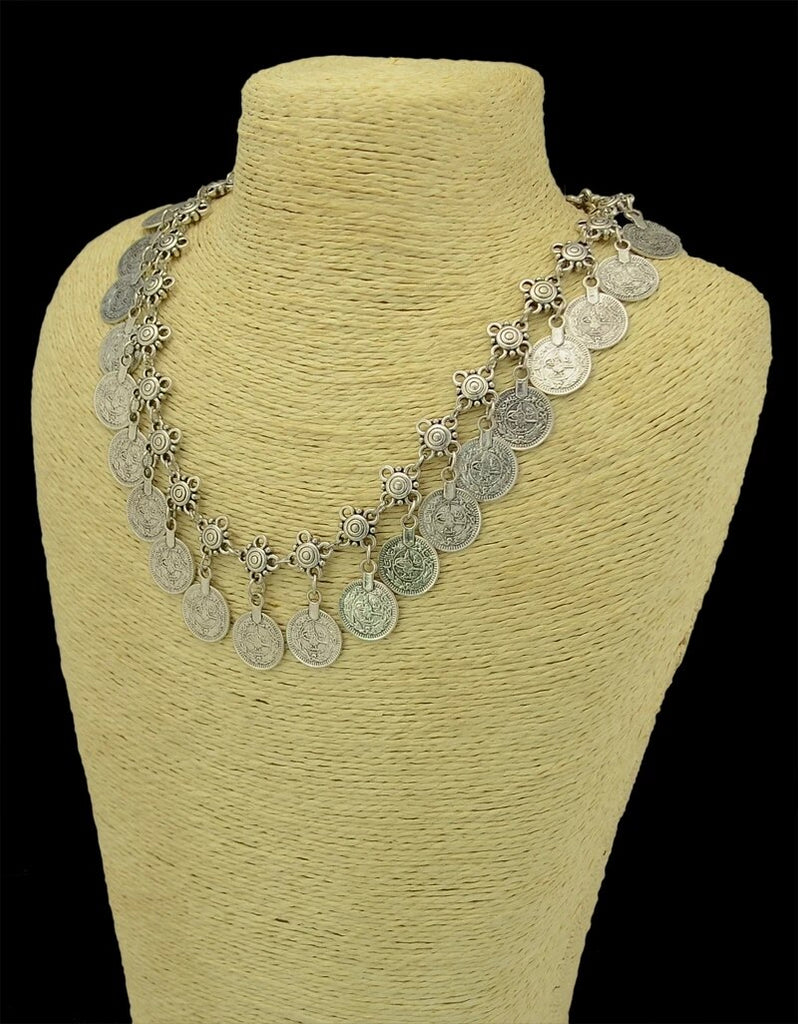 Bohemian Carved Flower Silver Color Coin Necklaces Handmade Boho Gypsy Beachy Necklace Ethnic Tribal Festival Jewelry Turkish