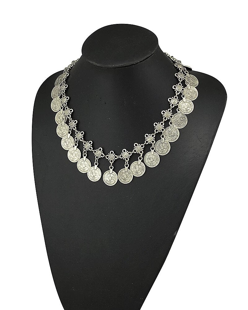 Bohemian Carved Flower Silver Color Coin Necklaces Handmade Boho Gypsy Beachy Necklace Ethnic Tribal Festival Jewelry Turkish