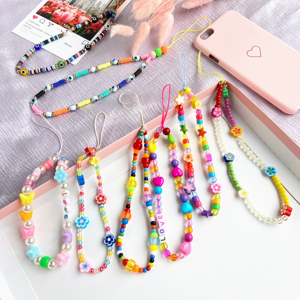 Bohemian Colored Soft Clay Necklace for Phone Lanyard Fruit Flower Heart Beaded Chain Necklaces for Women  Jewelry