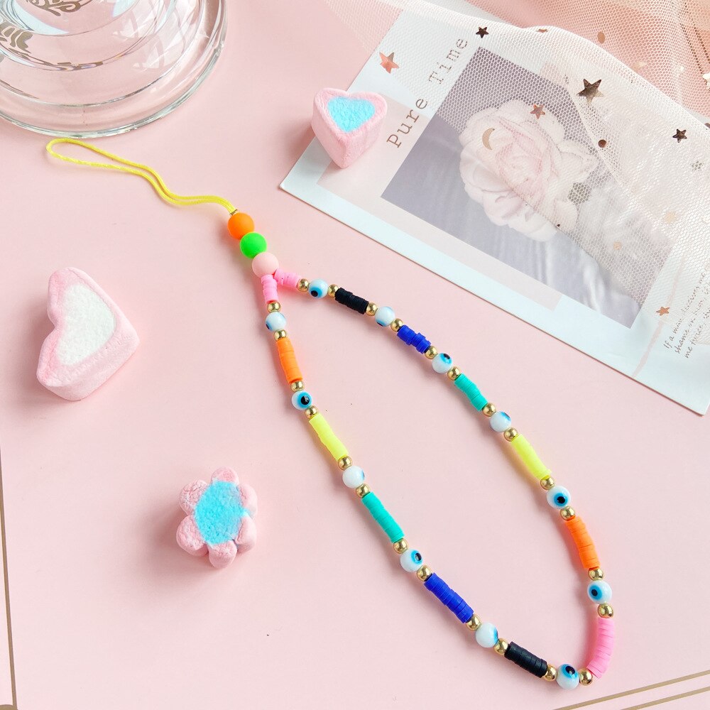 Bohemian Colored Soft Clay Necklace for Phone Lanyard Fruit Flower Heart Beaded Chain Necklaces for Women  Jewelry