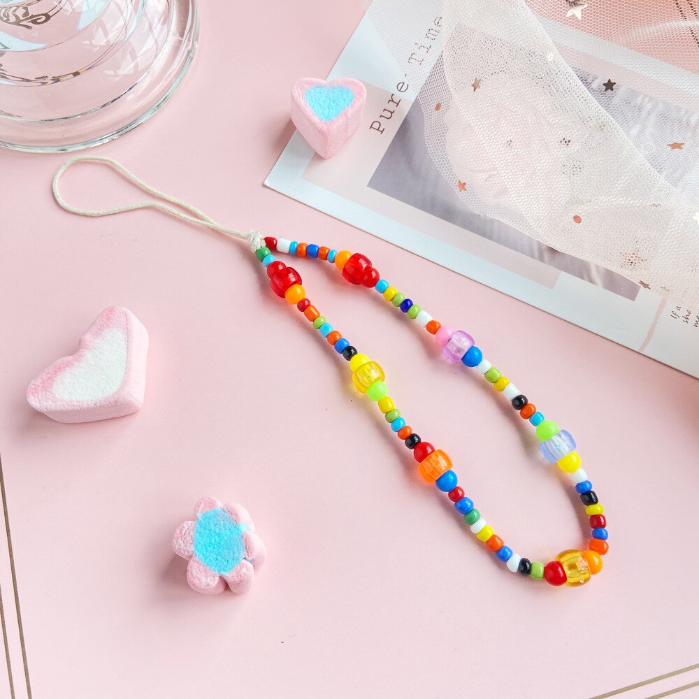 Bohemian Colored Soft Clay Necklace for Phone Lanyard Fruit Flower Heart Beaded Chain Necklaces for Women  Jewelry