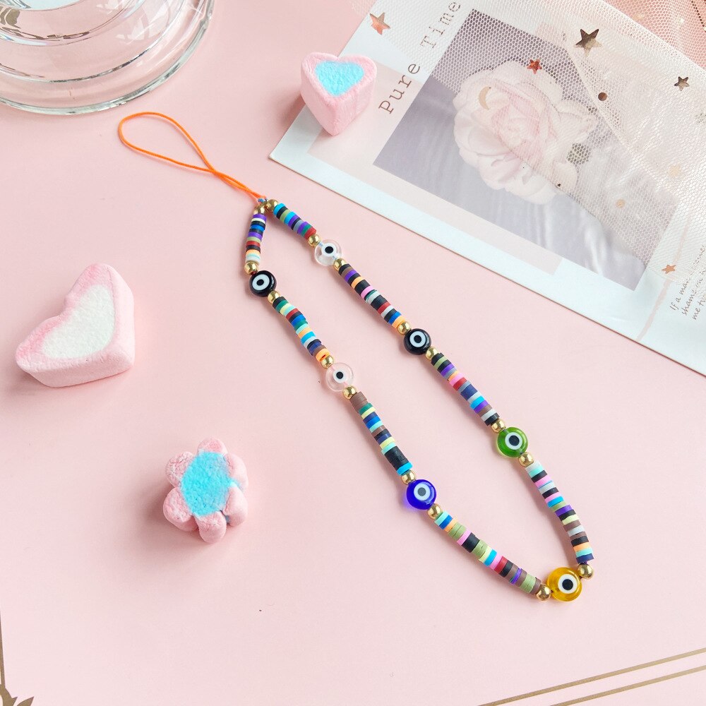 Bohemian Colored Soft Clay Necklace for Phone Lanyard Fruit Flower Heart Beaded Chain Necklaces for Women  Jewelry