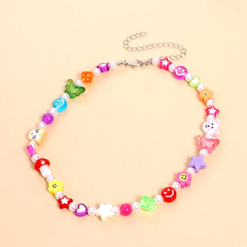 Bohemian Colorful Acrylic Heart Butterfly Bead Pearl Choker Chain Necklace for Women Girl Wedding Party Jewelry Gift