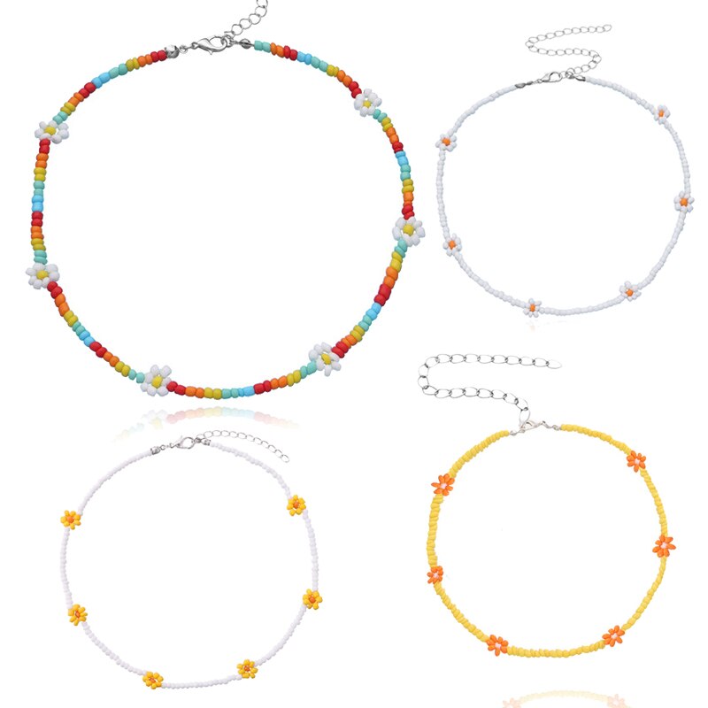 Bohemian Colorful Beaded Chain white daisy Necklace Cute Daisy Flower Choker Collar Women Choker Necklace Summer Beach Jewelry