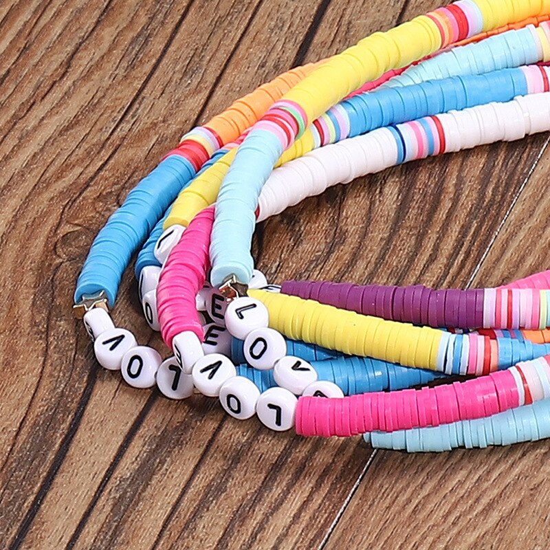 Bohemian Colorful DIY Letter Polymer Clay Necklace Charm Handmade Love Beaded Necklace Summer Beach Jewelry Accessories