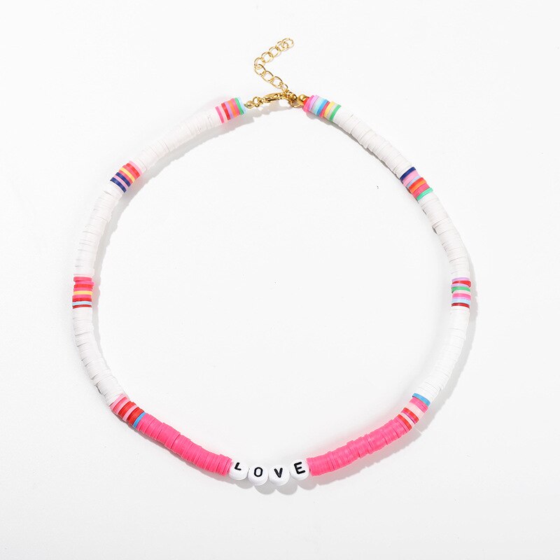 Bohemian Colorful DIY Letter Polymer Clay Necklace Charm Handmade Love Beaded Necklace Summer Beach Jewelry Accessories