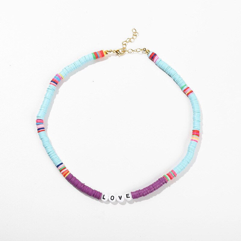 Bohemian Colorful DIY Letter Polymer Clay Necklace Charm Handmade Love Beaded Necklace Summer Beach Jewelry Accessories