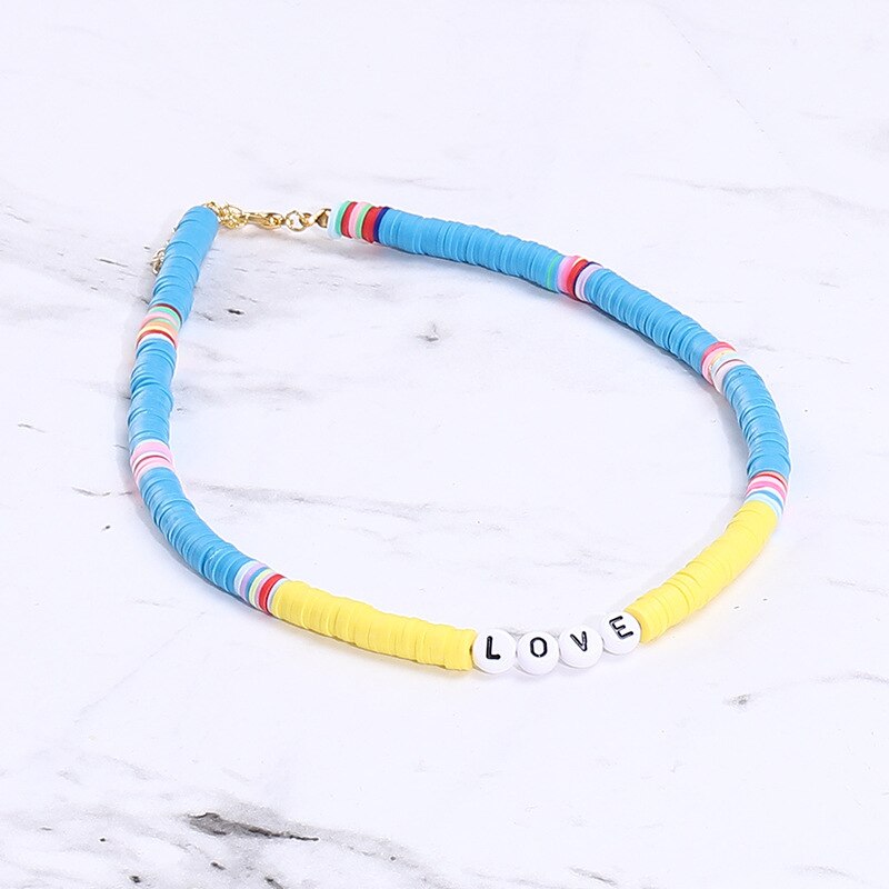 Bohemian Colorful DIY Letter Polymer Clay Necklace Charm Handmade Love Beaded Necklace Summer Beach Jewelry Accessories
