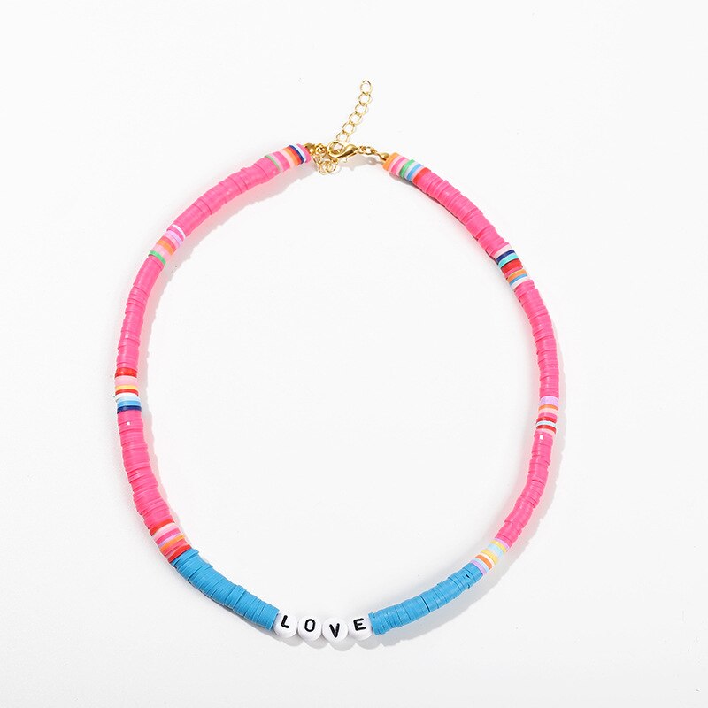 Bohemian Colorful DIY Letter Polymer Clay Necklace Charm Handmade Love Beaded Necklace Summer Beach Jewelry Accessories