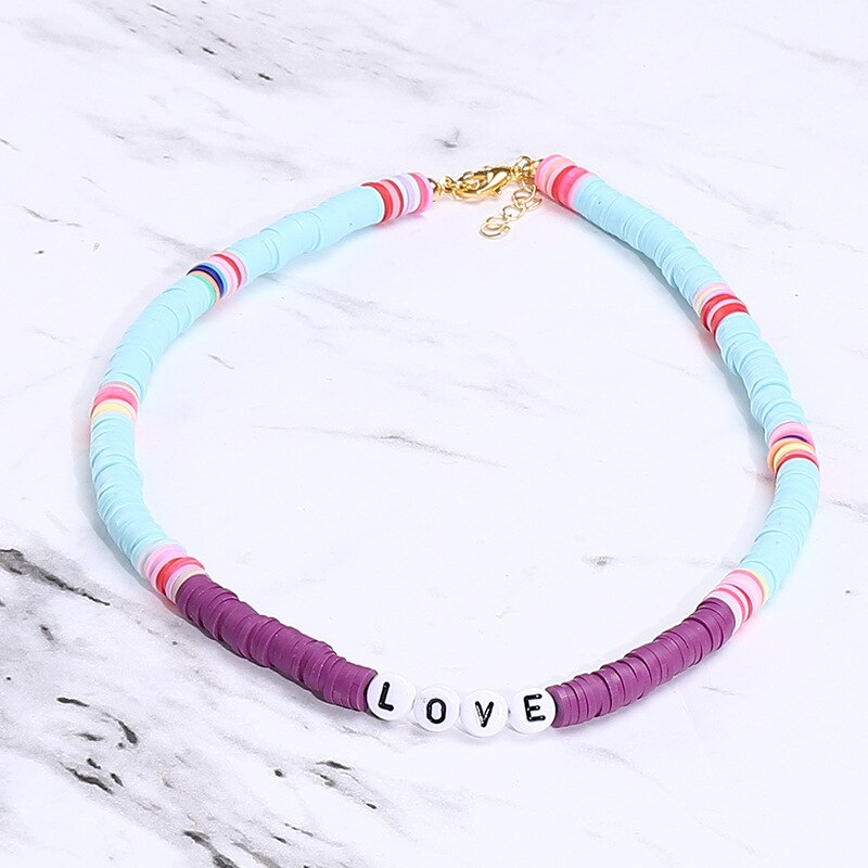 Bohemian Colorful DIY Letter Polymer Clay Necklace Charm Handmade Love Beaded Necklace Summer Beach Jewelry Accessories