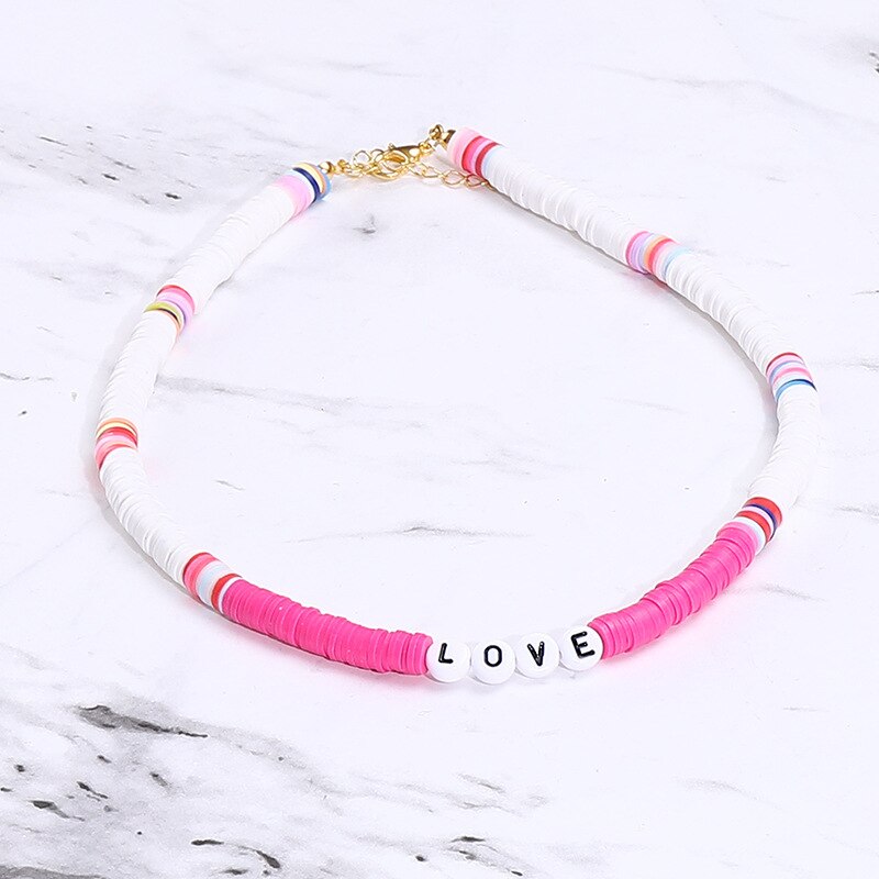 Bohemian Colorful DIY Letter Polymer Clay Necklace Charm Handmade Love Beaded Necklace Summer Beach Jewelry Accessories