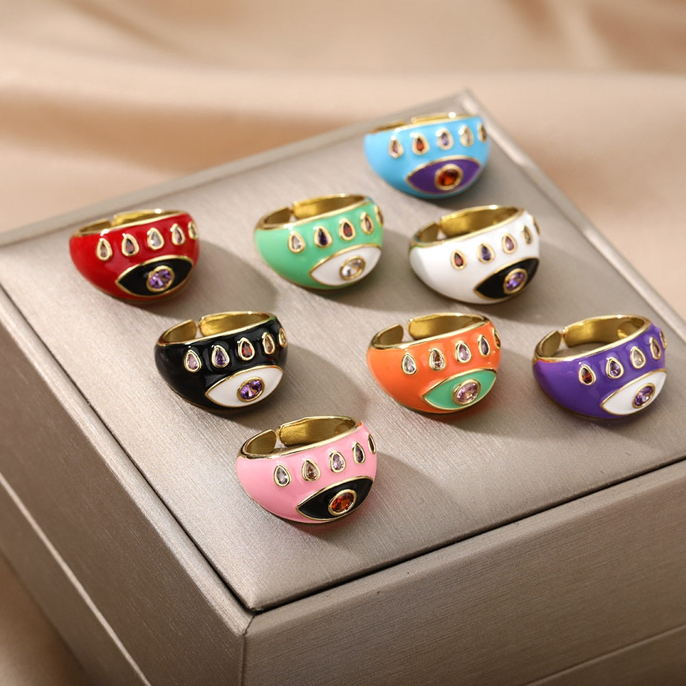 Bohemian Colorful Evil Eye Rings For Women Stainless Steel Open Adjustable Finger Ring Lucky Wedding Couple Aesthetic Jewerly