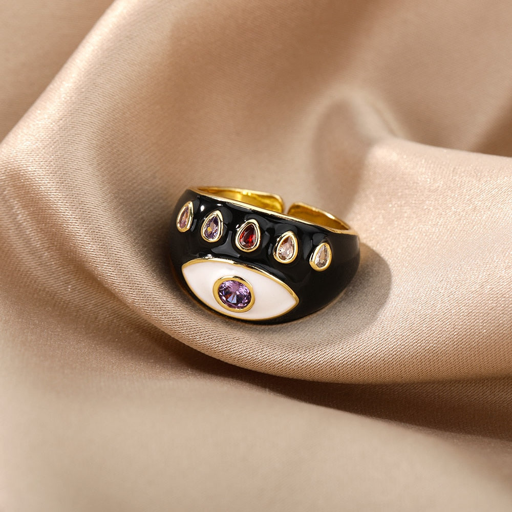 Bohemian Colorful Evil Eye Rings For Women Stainless Steel Open Adjustable Finger Ring Lucky Wedding Couple Aesthetic Jewerly