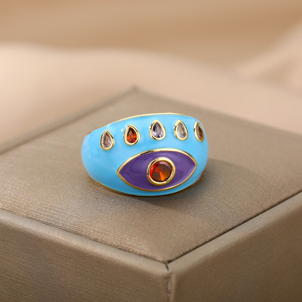 Bohemian Colorful Evil Eye Rings For Women Stainless Steel Open Adjustable Finger Ring Lucky Wedding Couple Aesthetic Jewerly