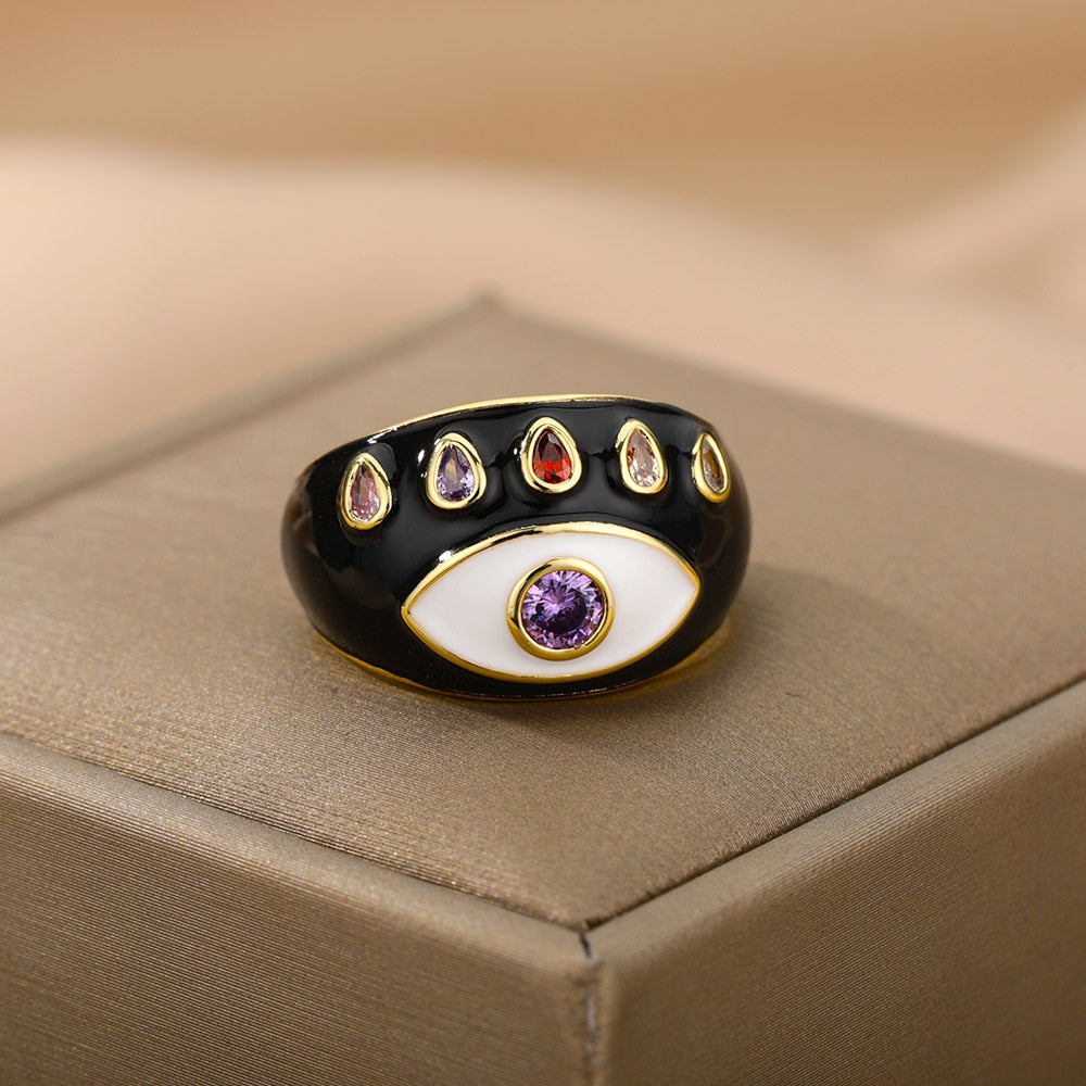 Bohemian Colorful Evil Eye Rings For Women Stainless Steel Open Adjustable Finger Ring Lucky Wedding Couple Aesthetic Jewerly