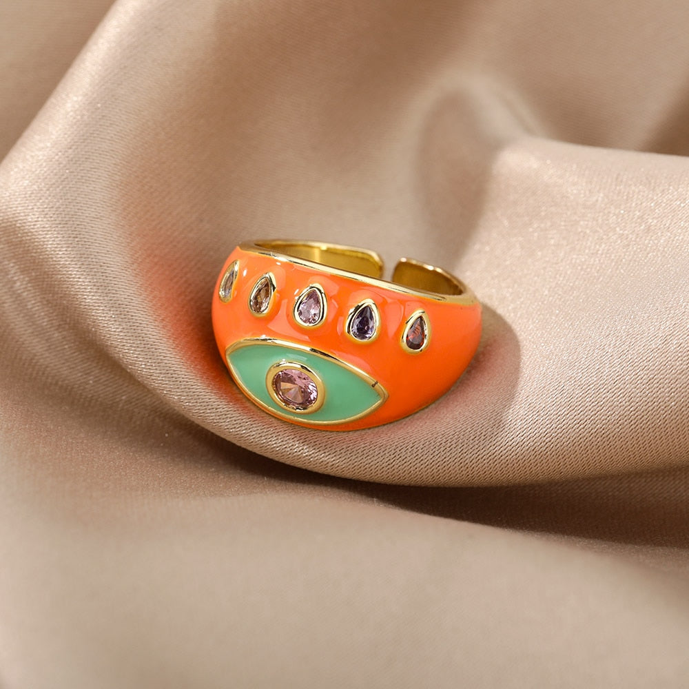 Bohemian Colorful Evil Eye Rings For Women Stainless Steel Open Adjustable Finger Ring Lucky Wedding Couple Aesthetic Jewerly