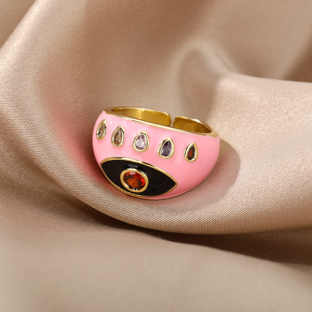 Bohemian Colorful Evil Eye Rings For Women Stainless Steel Open Adjustable Finger Ring Lucky Wedding Couple Aesthetic Jewerly