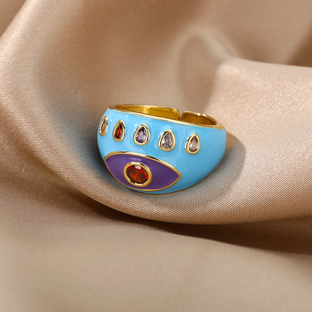 Bohemian Colorful Evil Eye Rings For Women Stainless Steel Open Adjustable Finger Ring Lucky Wedding Couple Aesthetic Jewerly