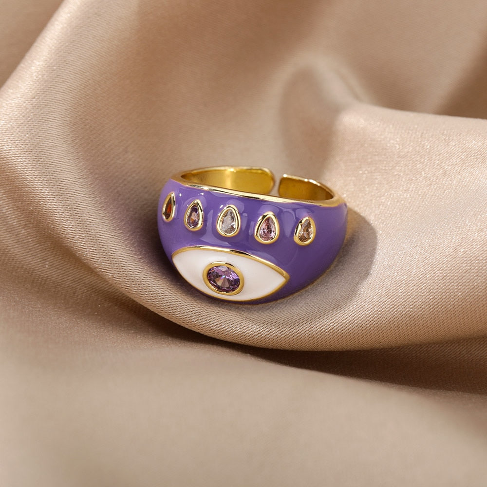 Bohemian Colorful Evil Eye Rings For Women Stainless Steel Open Adjustable Finger Ring Lucky Wedding Couple Aesthetic Jewerly