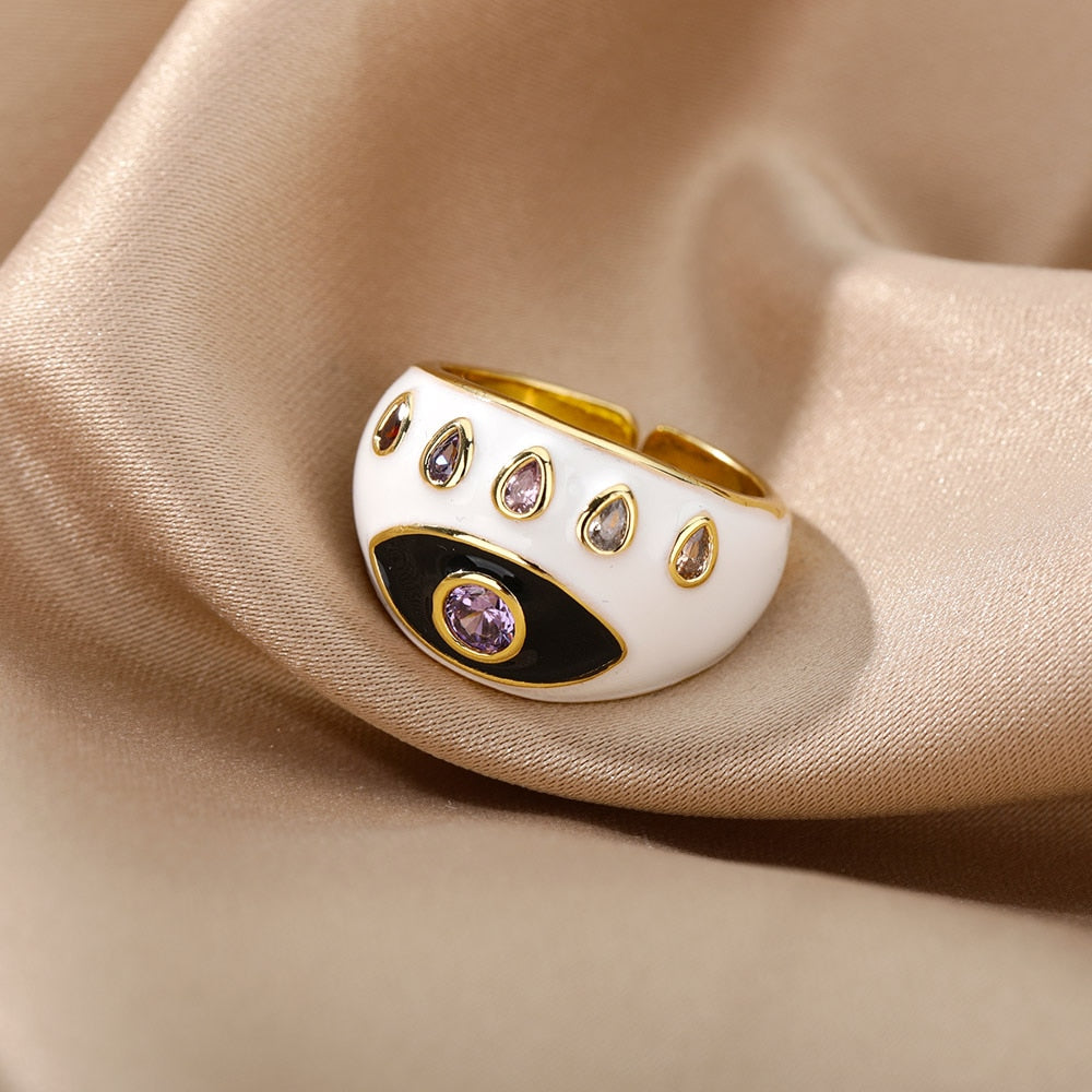 Bohemian Colorful Evil Eye Rings For Women Stainless Steel Open Adjustable Finger Ring Lucky Wedding Couple Aesthetic Jewerly