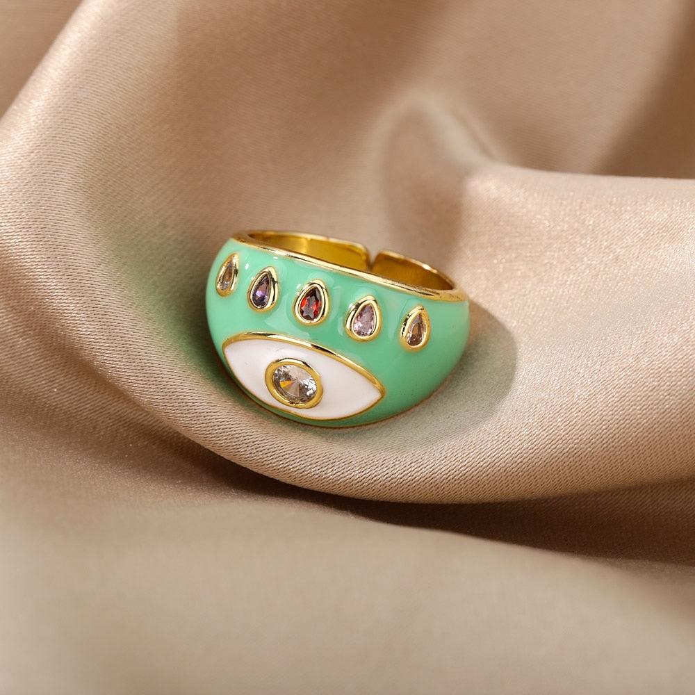 Bohemian Colorful Evil Eye Rings For Women Stainless Steel Open Adjustable Finger Ring Lucky Wedding Couple Aesthetic Jewerly