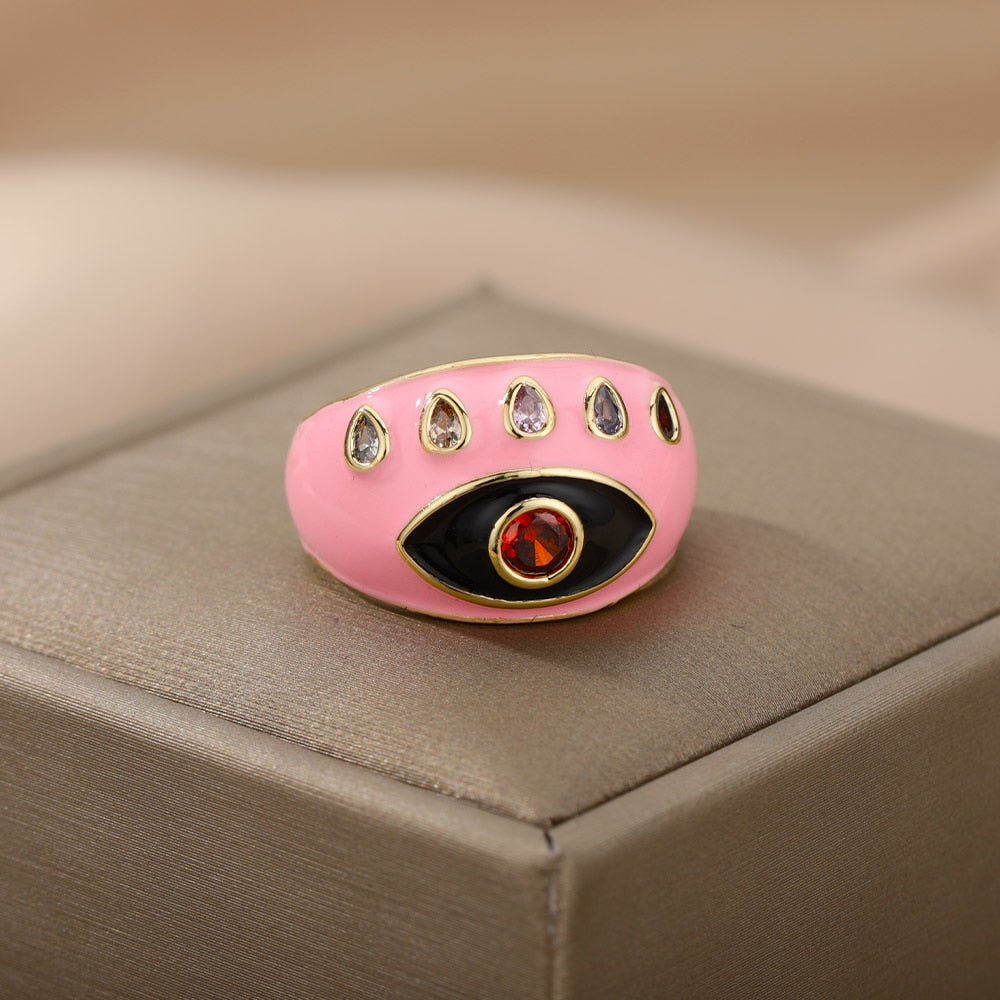Bohemian Colorful Evil Eye Rings For Women Stainless Steel Open Adjustable Finger Ring Lucky Wedding Couple Aesthetic Jewerly