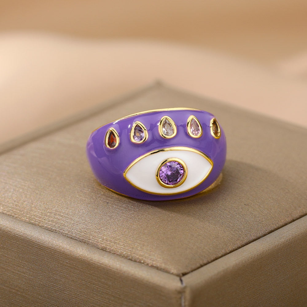 Bohemian Colorful Evil Eye Rings For Women Stainless Steel Open Adjustable Finger Ring Lucky Wedding Couple Aesthetic Jewerly