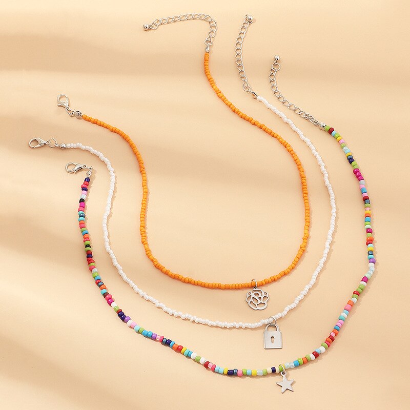 Bohemian Colorful Rice Bead Necklaces Womens Girls Multilayer Flower Five-Pointed Star Pendant Necklaces Jewelry For Summer