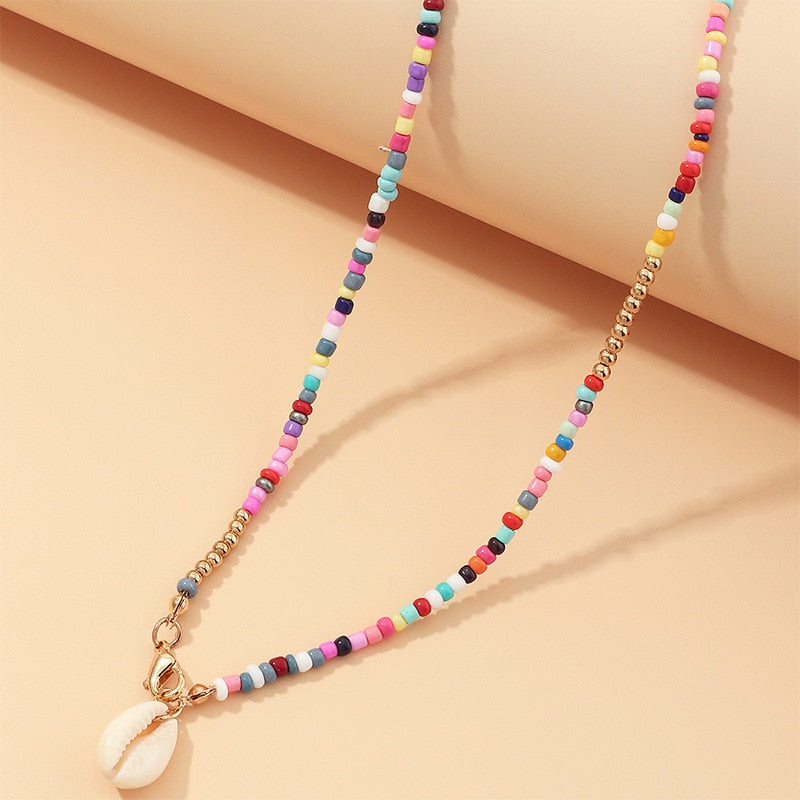 Bohemian Colorful Seed Bead Shell Choker Necklace Statement Short Collar Clavicle Chain Necklace for Women Female Boho Jewelry