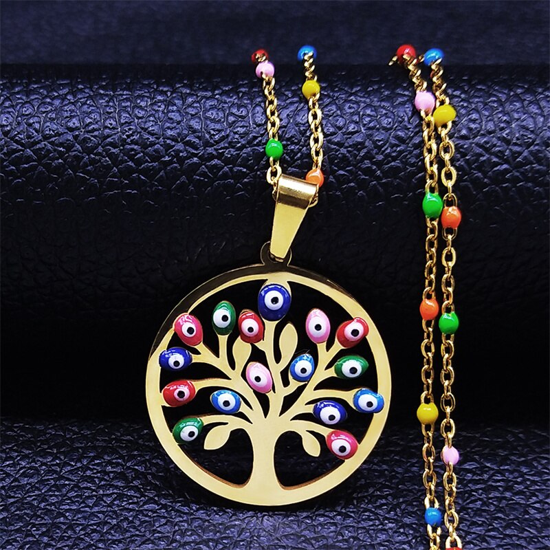 Bohemian Colorful Turkey Eyes Stainless Steel Tree of Life Chain Necklace Gold Color Necklaces jewlery arbre de vie N5210S04