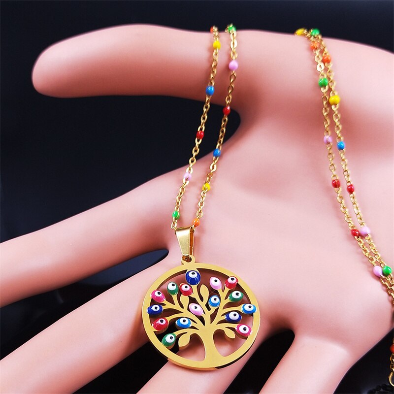 Bohemian Colorful Turkey Eyes Stainless Steel Tree of Life Chain Necklace Gold Color Necklaces jewlery arbre de vie N5210S04